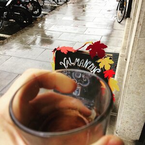 Thick crema in a glass cup of Valmandin roasted coffee surrounded by autumn leaves.